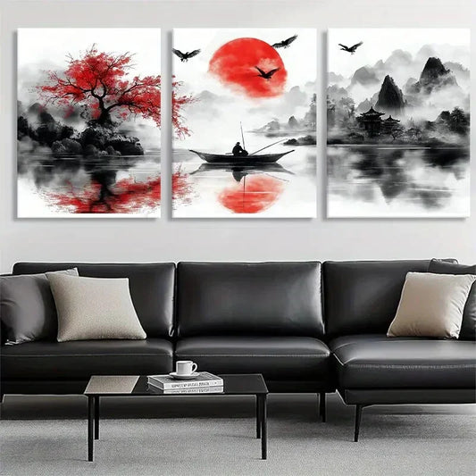 3pcs Red Sun Over River & Mountains Perfect Wall Art Set Canvas Framed 40x60cm - High Quality Print 100% Australian Made Wall Canvas Ready to Hang