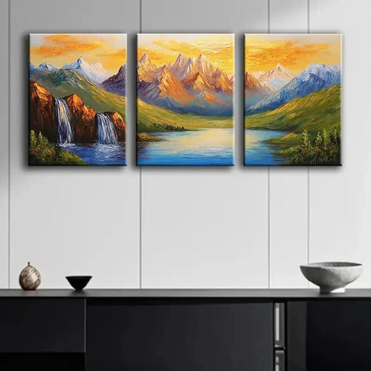 3pcs Golden Peaks Mountain Range Luxurious Wall Art Set Canvas Framed 40x60cm - High Quality Print 100% Australian Made Wall Canvas Ready to Hang