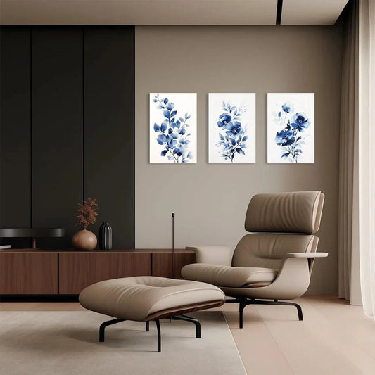 3pcs Navy Flower Watercolor Floral Metal Print Ready to Hang Art