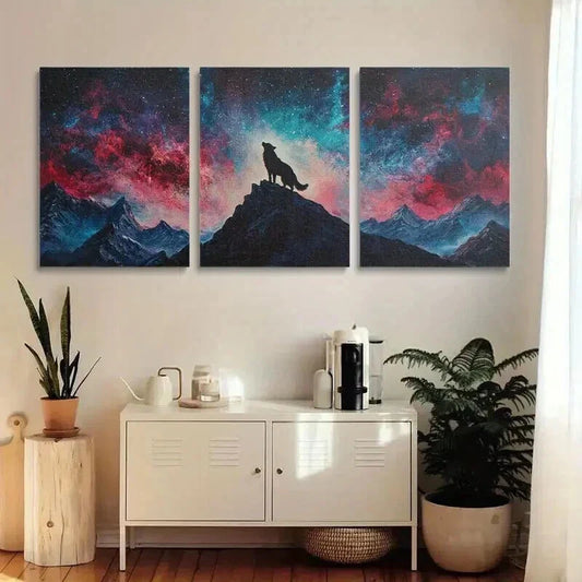 3pcs Majestic Wolf Howling at Starry Sky Wall Art Set Canvas Framed 40x60cm - High Quality Print 100% Australian Made Wall Canvas Ready to Hang