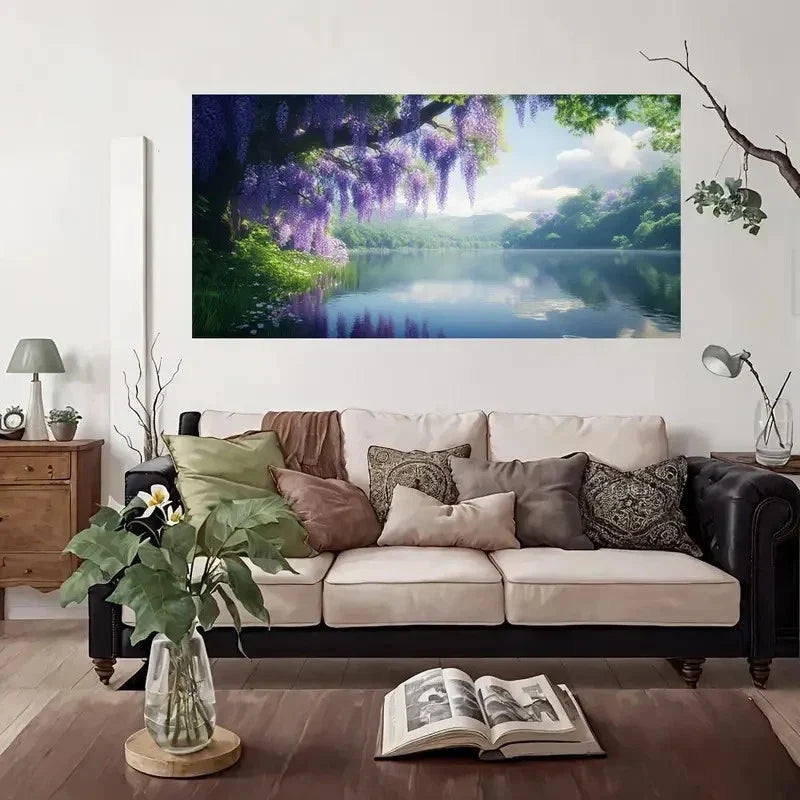Purple Wisteria Lake Nature Wall Art Canvas Office Home Room Framed 80x45cm