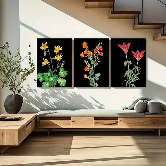 3pcs Vibrant Wildflower Black Botanical Prints Metal Print Ready to Hang Art