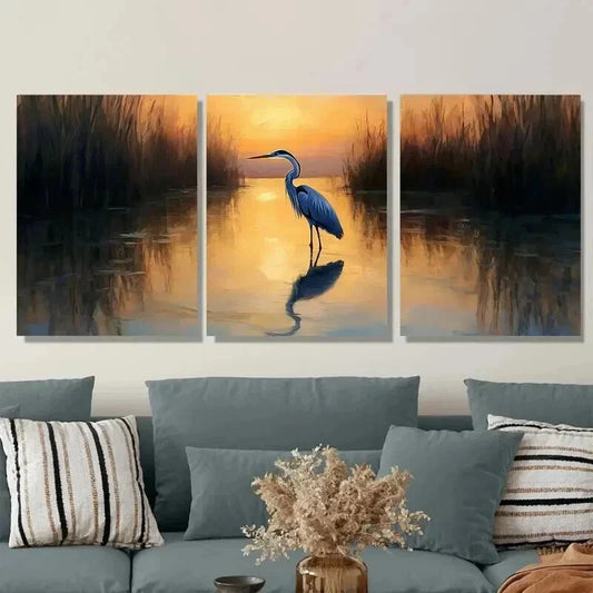 3pcs Blue Heron Sunset Paintings Wall Art Set Canvas Framed 40x60cm - High Quality Print 100% Australian Made Wall Canvas Ready to Hang