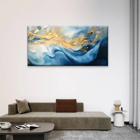 Blue & Golden Floral Waves Wall Art Canvas Office Home Room Framed 80x45cm