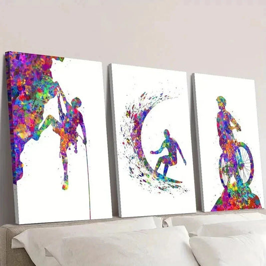 3pcs Colorful Rock Climber Surfer Mountain Biker Wall Art Set Canvas Framed 40x60cm - High Quality Print 100% Australian Made Wall Canvas Ready to Hang