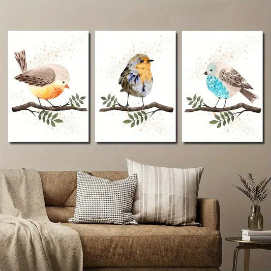 3pcs Watercolor Style Cute Little Bird Metal Print Ready to Hang Art