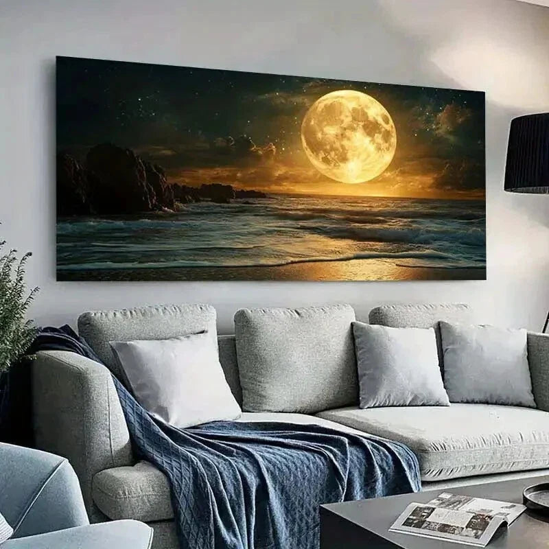 Full Moon Over Ocean Waves Wall Art Canvas Office Home Room Framed 80x45cm