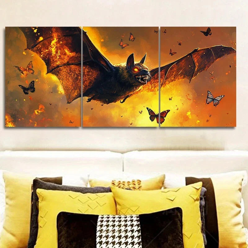 3pcs Large Bat with Spread Wings Firefly Accents Metal Print Ready to Hang Art