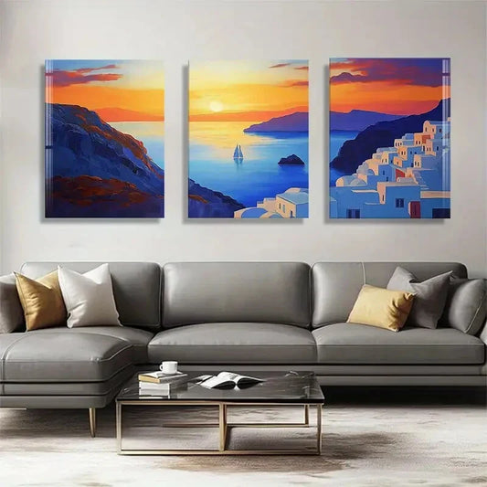 3pcs Vibrant Seascape Santorini Sunset Perfect Wall Art Set Canvas Framed 40x60cm - High Quality Print 100% Australian Made Wall Canvas Ready to Hang