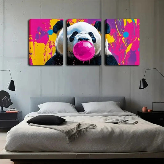 3pcs Panda Pink Paint Bubble cartoon style Wall Art Set Canvas Framed 40x60cm - High Quality Print 100% Australian Made Wall Canvas Ready to Hang