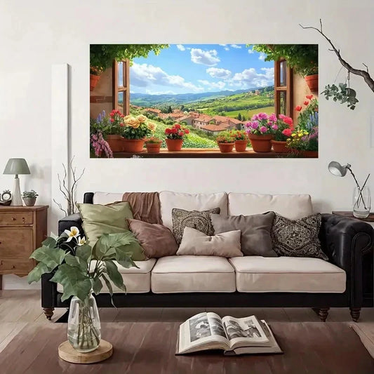 Floral Window View Modern Wall Art Canvas Office Home Room Framed 80x45cm