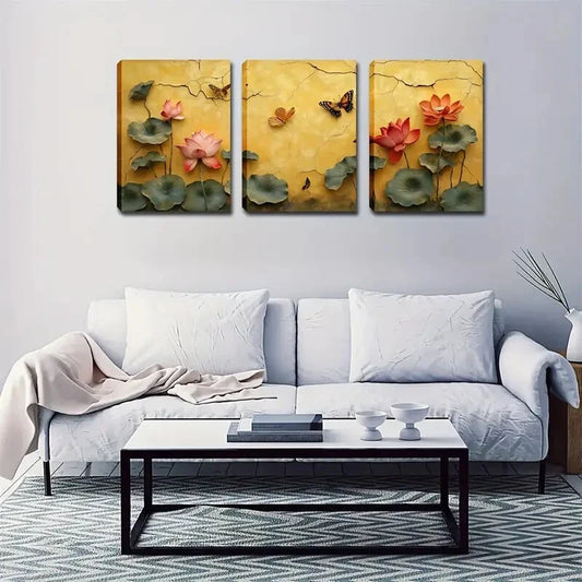 3pcs Lotus Flowers with Water and Butterflies Wall Art Set Canvas Framed 40x60cm - High Quality Print 100% Australian Made Wall Canvas Ready to Hang