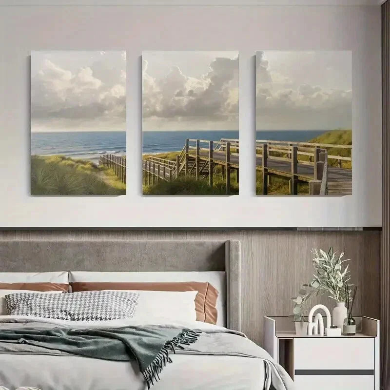 3pcs Beach Boardwalk with Ocean Metal Print Ready to Hang Art