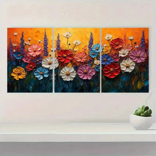 3pcs Modern Wildflower Field Vibrant Abstract Metal Print Ready to Hang Art