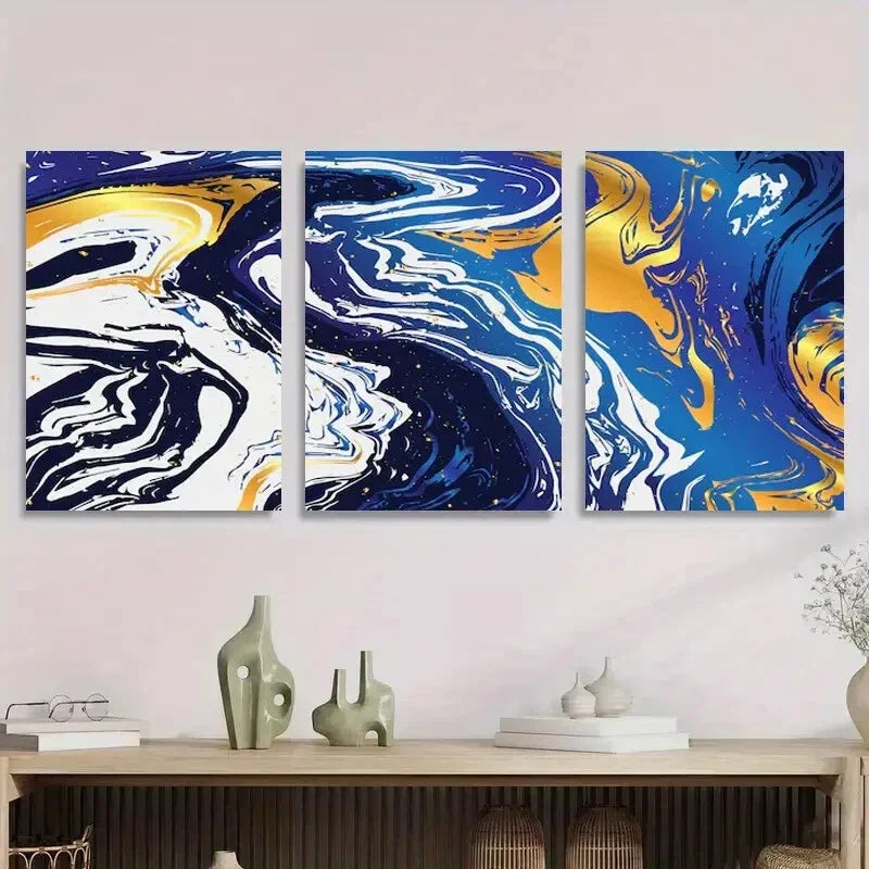 3pcs Abstract Blue and Golden Marble Metal Print Ready to Hang Art