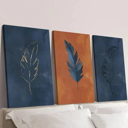 3pcs Luxury Blue and Orange Feather Wall Art Set Canvas Framed 40x60cm - High Quality Print 100% Australian Made Wall Canvas Ready to Hang
