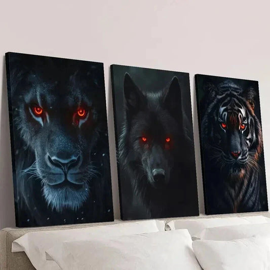 3pcs Red Eyed Black Lion Black Wolf Black Tiger Wall Art Set Canvas Framed 40x60cm - High Quality Print 100% Australian Made Wall Canvas Ready to Hang