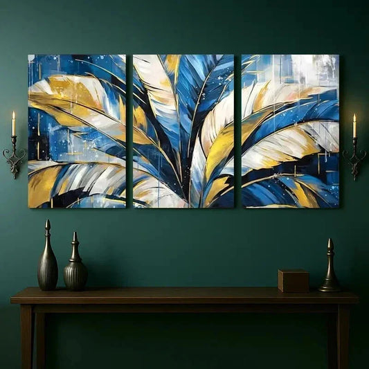3pcs Blue and Golden Feather Geometric Wall Art Set Canvas Framed 40x60cm - High Quality Print 100% Australian Made Wall Canvas Ready to Hang