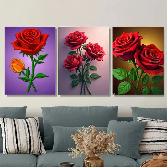 3pcs Beautiful Red Rose Orange Metal Print Ready to Hang Art