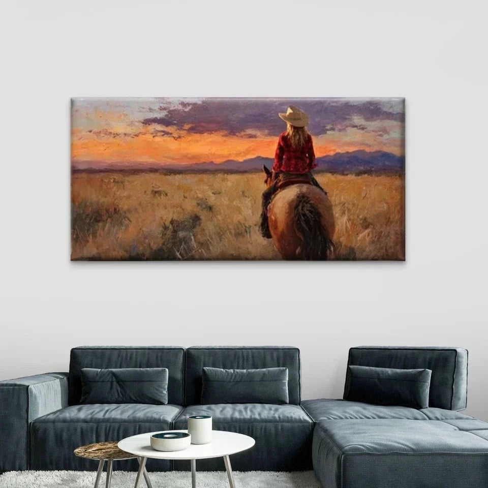 Horseback Riding Sunset Wall Art Canvas Office Home Room Framed 80x45cm