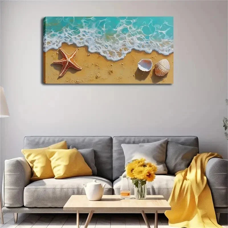 Starfish & Seashells Modern Wall Art canvas office home room framed 80x45cm
