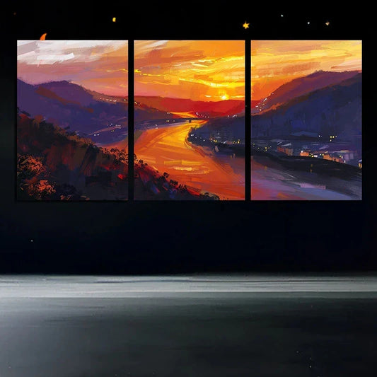 3pcs Sunset Landscape Mountain and River Metal Print Ready to Hang Art