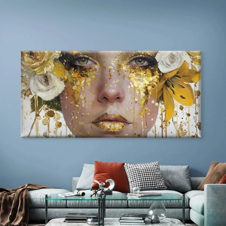 Woman Face with Golden & Roses Wall Art Canvas Office Home Room Framed 80x45cm