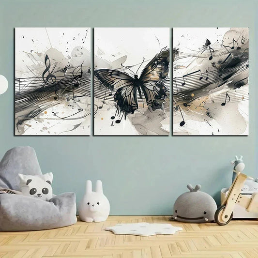 3pcs Ink Butterfly Modern Abstract Musical Notes Metal Print Ready to Hang Art