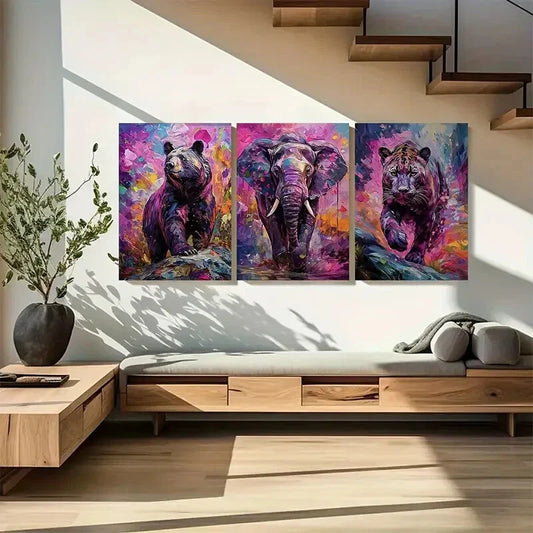 3pcs Featuring a Colorful Bear Elephant Metal Print Ready to Hang Art