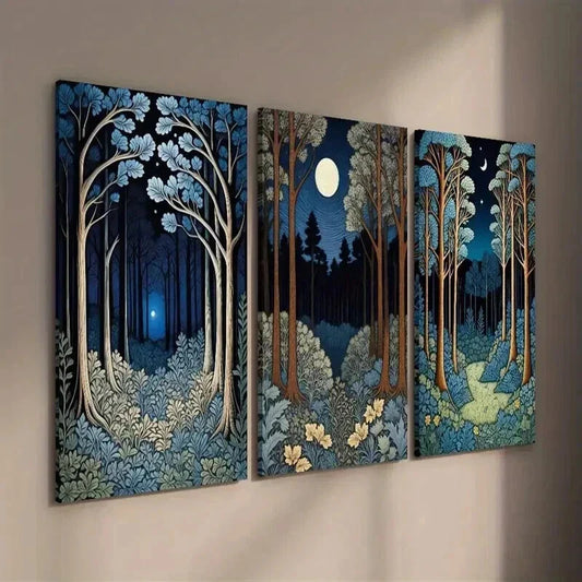 3pcs William Morris Moon and Forest Wall Art Set Canvas Framed 40x60cm - High Quality Print 100% Australian Made Wall Canvas Ready to Hang