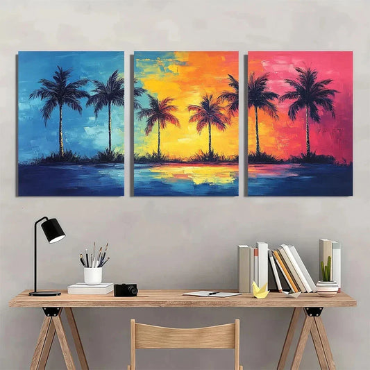 3pcs Colorful Palm Tree Tall Coconut Trees Metal Print Ready to Hang Art