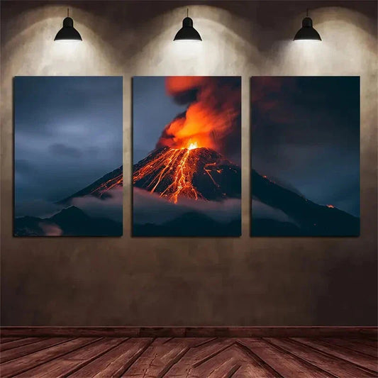 3pcs Volcanic Eruption Night Scene Metal Print Ready to Hang Art