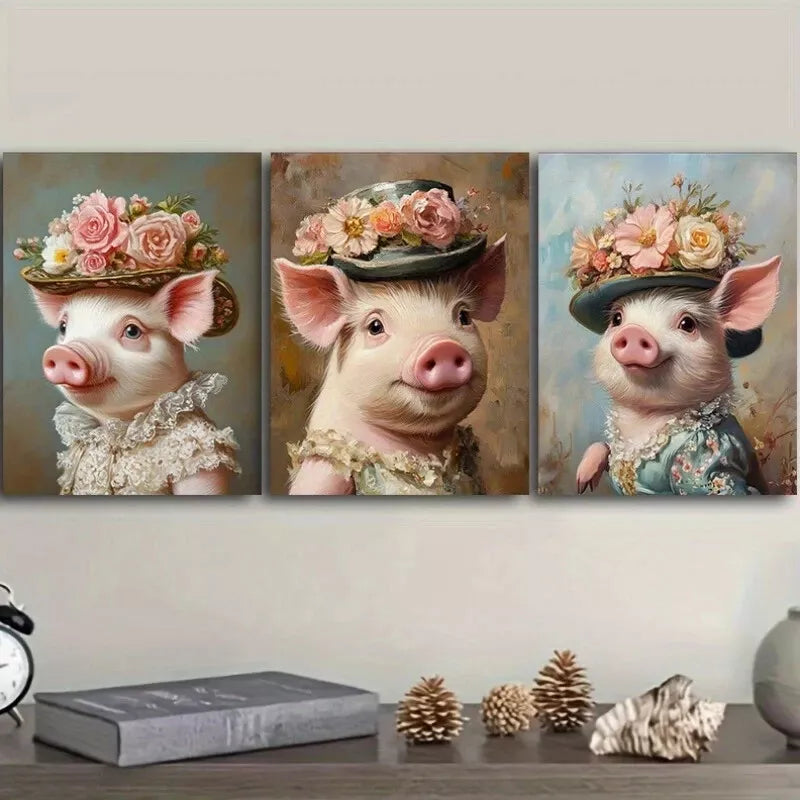 3pc Featuring a Pig in a Stylish Hat Wall Art Set Canvas Framed 40x60cm - High Quality Print 100% Australian Made Wall Canvas Ready to Hang