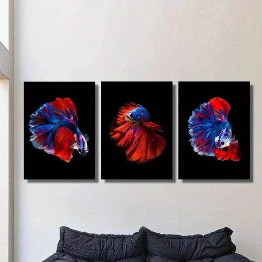 3pcs Vibrant Blue & Red Siamese Fighting Fish Wall Art Set Canvas Framed 40x60cm - High Quality Print 100% Australian Made Wall Canvas Ready to Hang