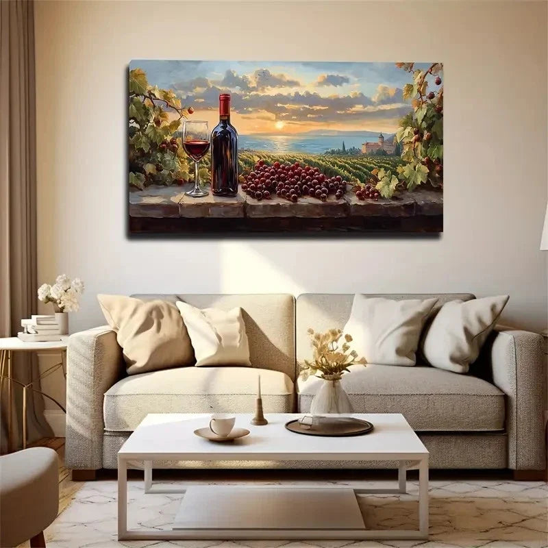 Serene Wine And Grape Landscape Wall Art Canvas Office Home Room Framed 120x60cm