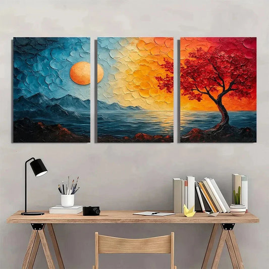 3pcs Vibrant Abstract Mountain and Tree Scenery Metal Print Ready to Hang Art
