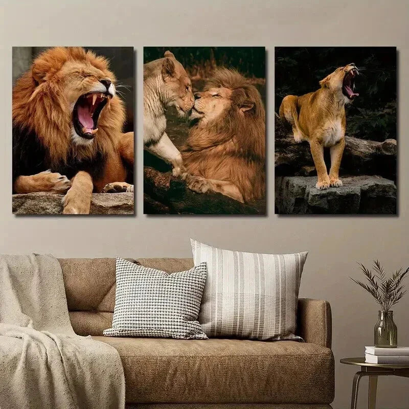 3pcs Lion Mother & Calf Lion Roar Wall Art Set Canvas Framed 40x60cm - High Quality Print 100% Australian Made Wall Canvas Ready to Hang