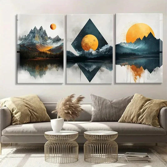 3pcs Abstract Mountain Lands Reflective Perfect Wall Art Set Canvas Framed 40x60cm - High Quality Print 100% Australian Made Wall Canvas Ready to Hang