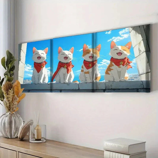 3pcs Charming White Cat Cute Blue Sky Perfect Wall Art Set Canvas Framed 40x60cm - High Quality Print 100% Australian Made Wall Canvas Ready to Hang