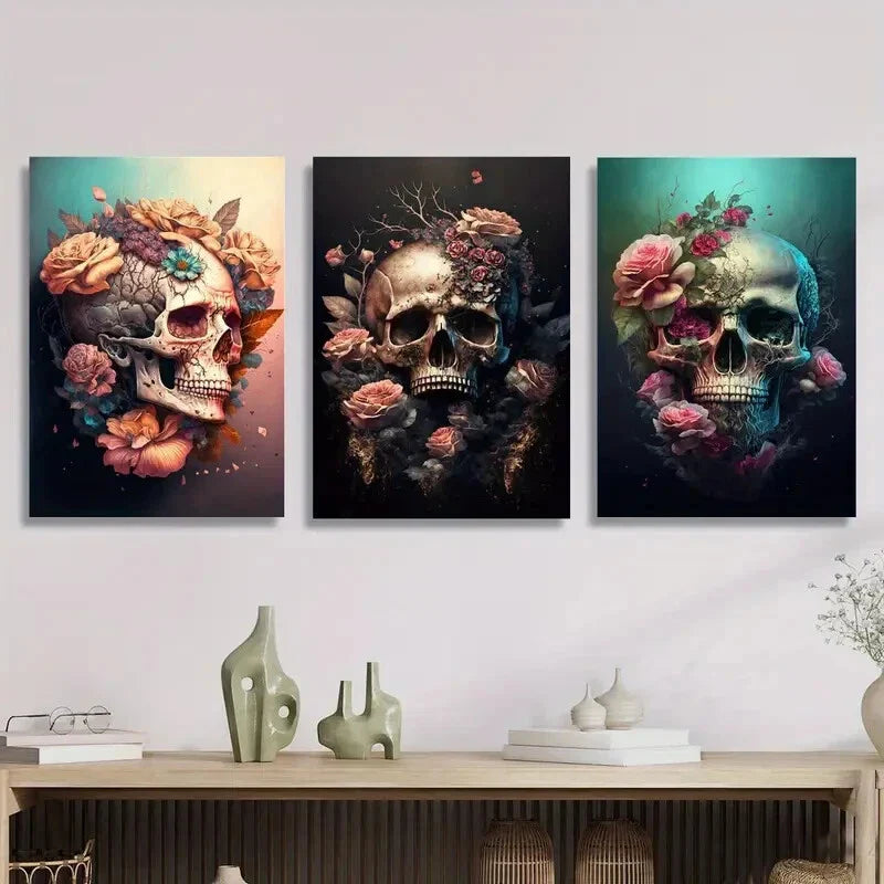 3pcs Skull and Roses Fantasy Flowers Metal Print Ready to Hang Art