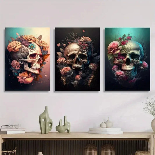 3pcs Skull and Roses Fantasy Flowers Metal Print Ready to Hang Art