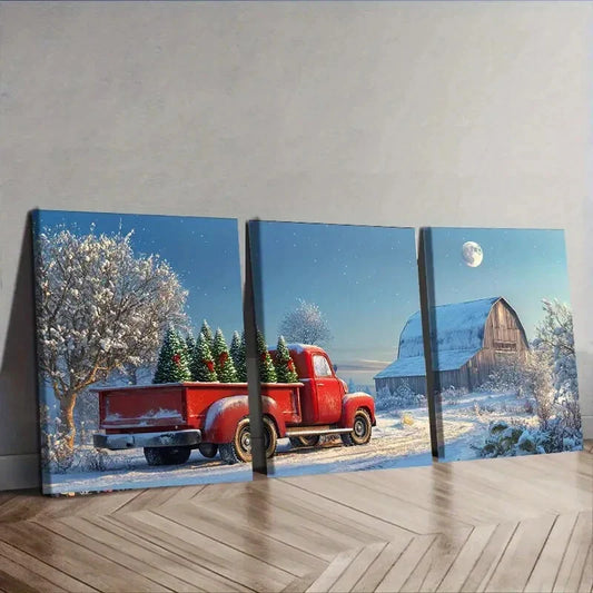 3pcs Christmas Tree Red Truck Nature Perfect Wall Art Set Canvas Framed 40x60cm - High Quality Print 100% Australian Made Wall Canvas Ready to Hang