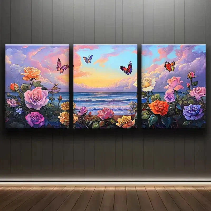 3pcs Roses and Butterflies on the Beach Perfect Wall Art Set Canvas Framed 40x60cm - High Quality Print 100% Australian Made Wall Canvas Ready to Hang