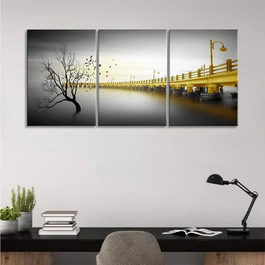 3pcs Golden Bridge and Silhouette Bird Tree Metal Print Ready to Hang Art