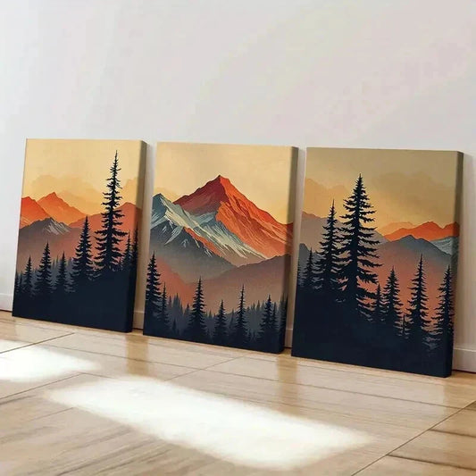3pcs Rustic Mountain Forest at Sunset Wall Art Set Canvas Framed 40x60cm - High Quality Print 100% Australian Made Wall Canvas Ready to Hang