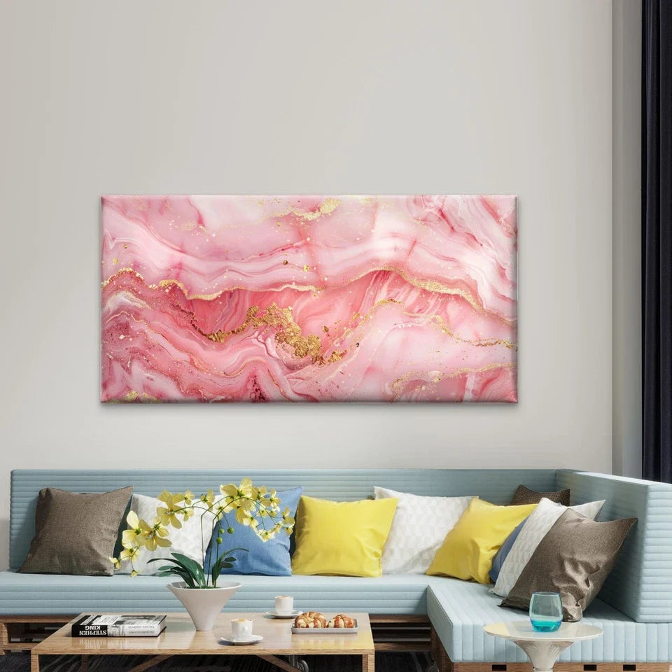 Rose Quartz Gold Abstract Wall Art Canvas Office Home Room Framed 80x45cm