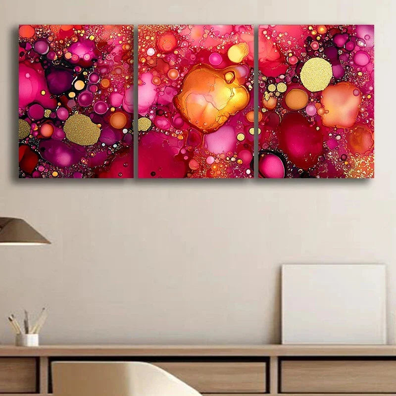 3pcs Red & Golden Bubbles Themed Metal Print Ready to Hang Art