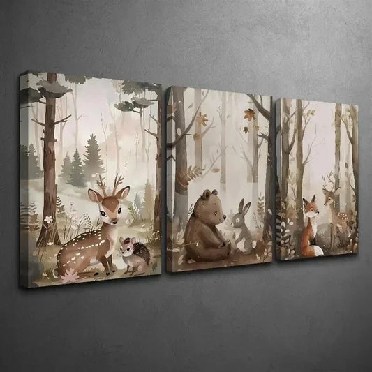3pcs Cartoon Style Deer Bear & Squirrel Wall Art Set Canvas Framed 40x60cm - High Quality Print 100% Australian Made Wall Canvas Ready to Hang
