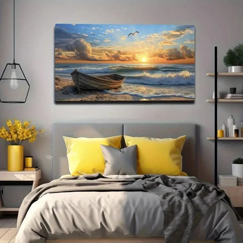 Sunset Sky Waves And Seagull Wall Art canvas office home room framed 120x60cm