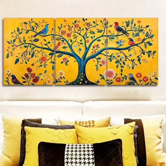 3pcs The tree of life with birds and flowers Metal Print Ready to Hang Art